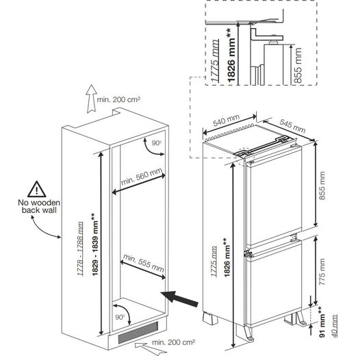 Hotpoint HPKH 1262 B4UK 178cm 50/50 Integrated Frost Free Fridge Freezer with Sliding Door Fixing Kit - White - Annotation - Dimensions  shot